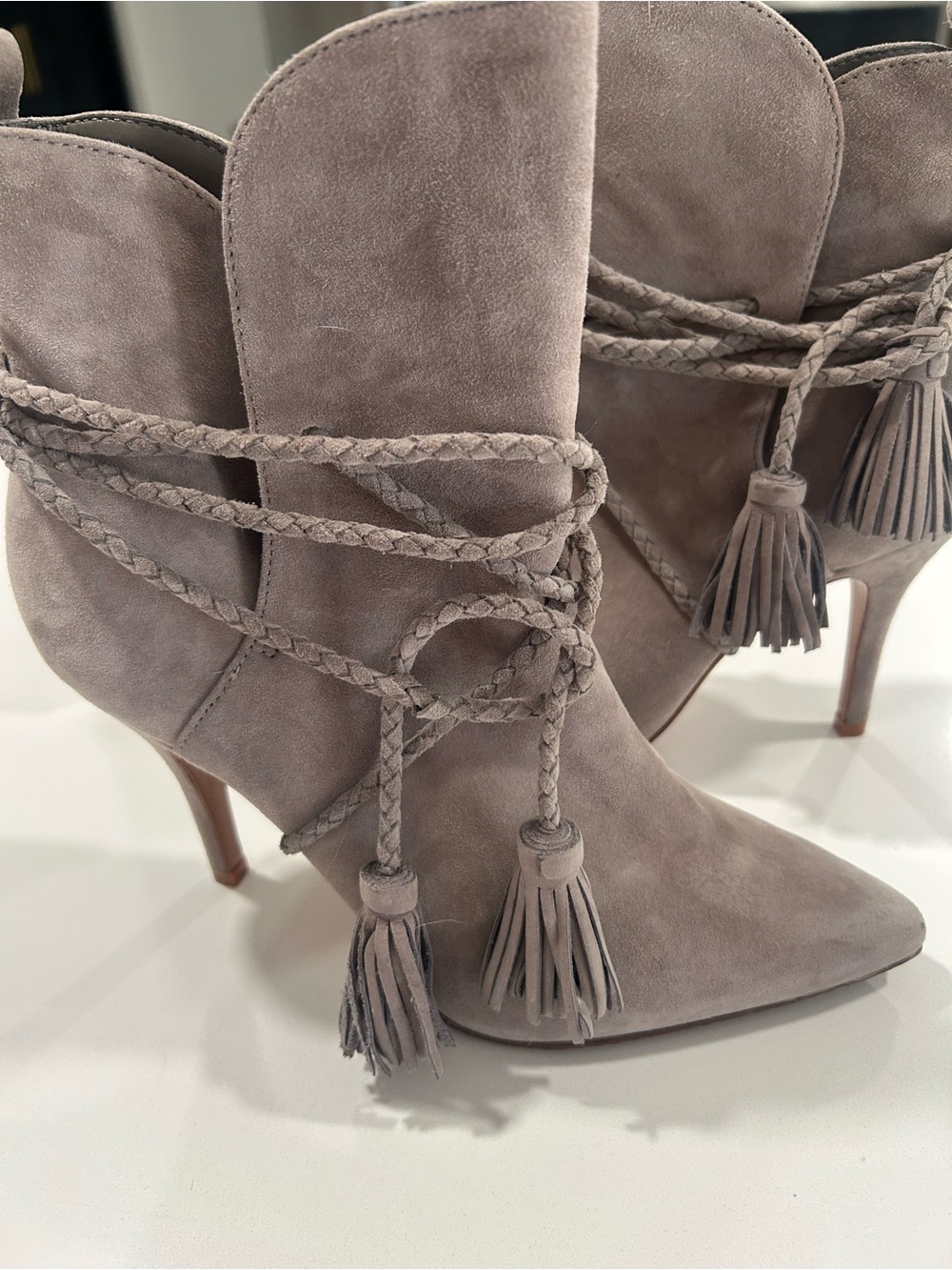 SCHUTZ Gray Suede Tassel Wrap Heel Ankle Boots